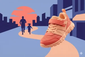 아이와 함께 달리기 - 해 질 녘 도시를 배경으로 즐겁게 달리는 부모와 아이의 모습